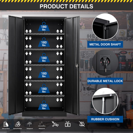 Fesbos Metal Storage Cabinet-72” Black Tall Steel File Cabinets with Lockable Doors and Adjustable Shelves-Black Steel Storage Cabinet for Kitchen, Office, Garage Fesbos
