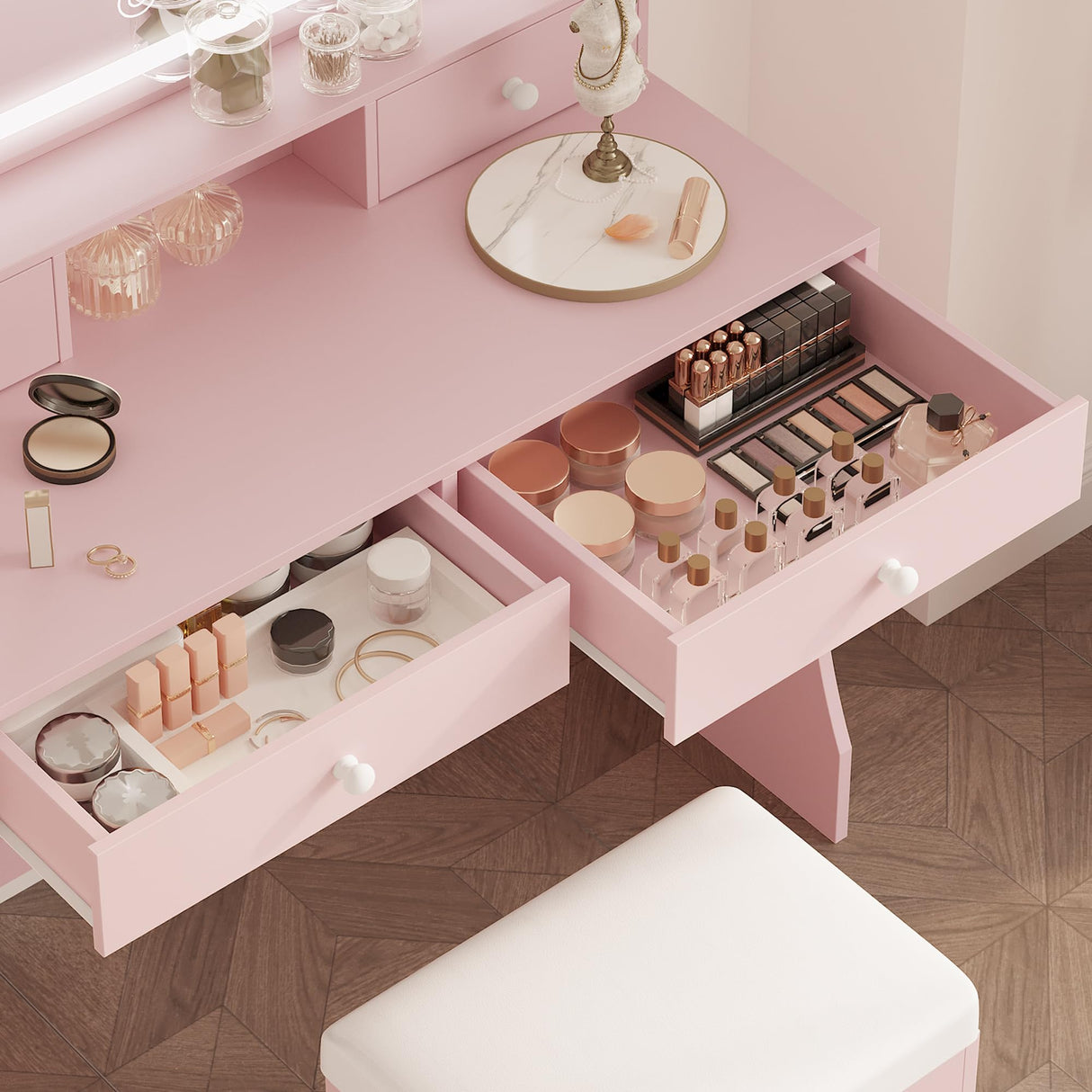 LIKIMIO Makeup Vanity Desk with Mirror and Lights, Pink Makeup Vanity Table Set with Stool Drawers, Power Socket, Dressing Table with 3 Lighting Colors, Vanities for Bedrooms LIKIMIO