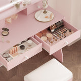 LIKIMIO Makeup Vanity Desk with Mirror and Lights, Pink Makeup Vanity Table Set with Stool Drawers, Power Socket, Dressing Table with 3 Lighting Colors, Vanities for Bedrooms LIKIMIO