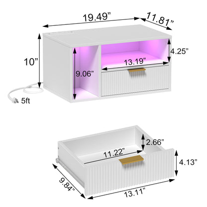 Veegle White Floating Nightstand with Charging Station and LED Lights,White - WoodArtSupply