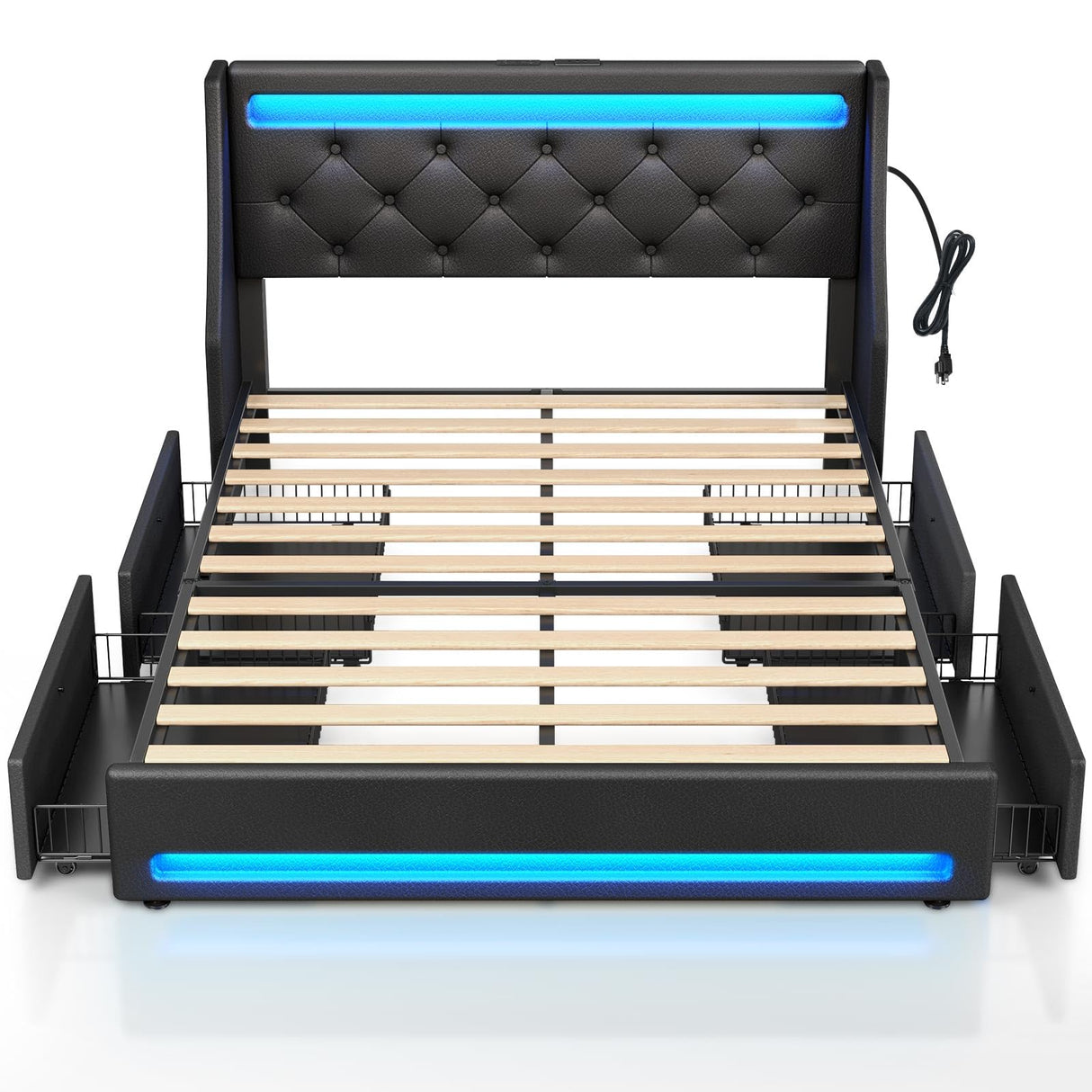 Rolanstar Queen Bed Frame with LED Lights and Charging Station, PU Leather Bed with Drawers, Wooden Slats, Noise Free, Easy Assembly, Black Rolanstar