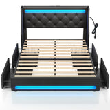Rolanstar Queen Bed Frame with LED Lights and Charging Station, PU Leather Bed with Drawers, Wooden Slats, Noise Free, Easy Assembly, Black Rolanstar