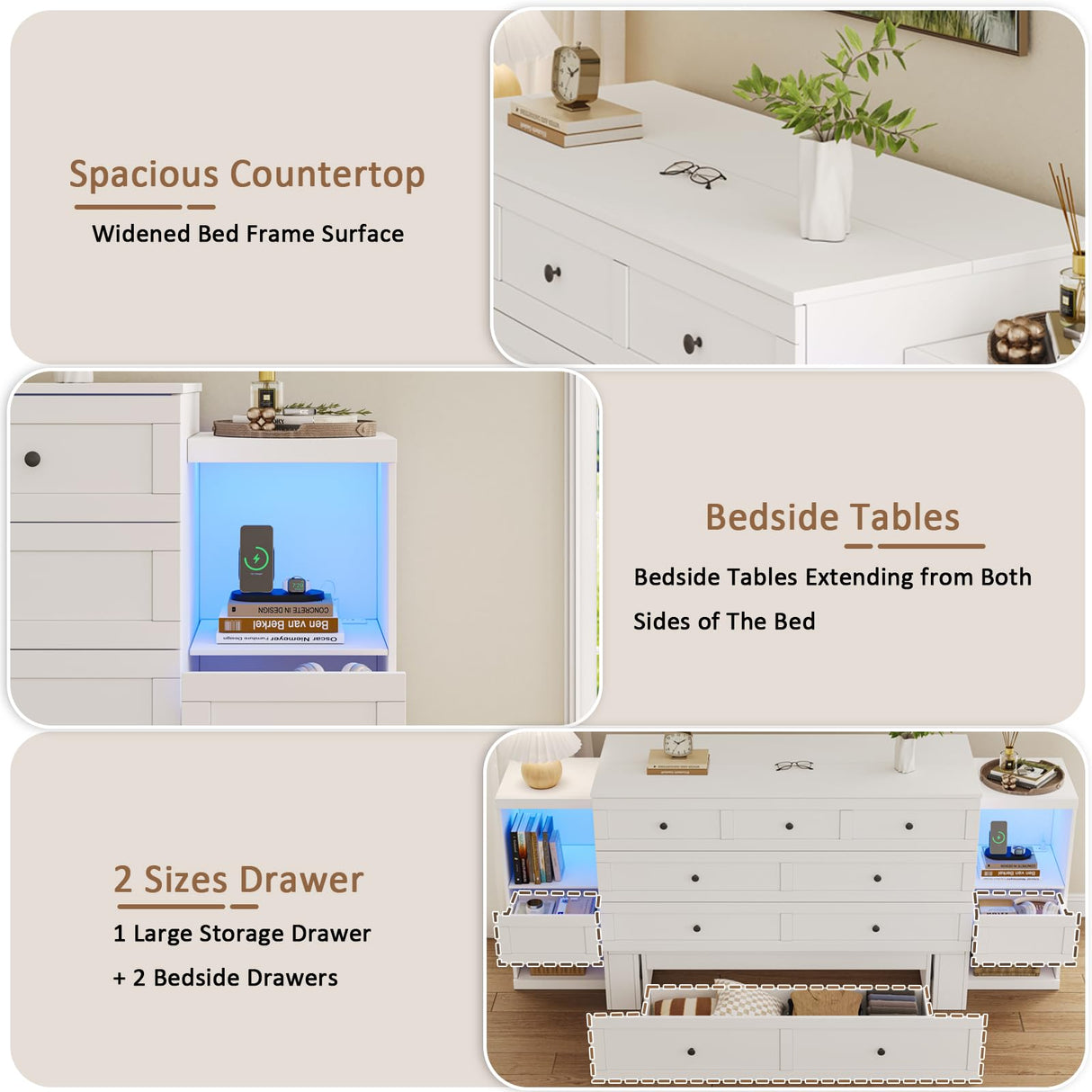 LIVAUVEAD Full Size Murphy Bed with Bedside Tables,Full Size Foldable Cabinet Bed Frame with Charging Station & Drawer,Murphy Bed Chest with Adjustable LED Light for Bedroom,Guest Room,White LIVAUVEAD