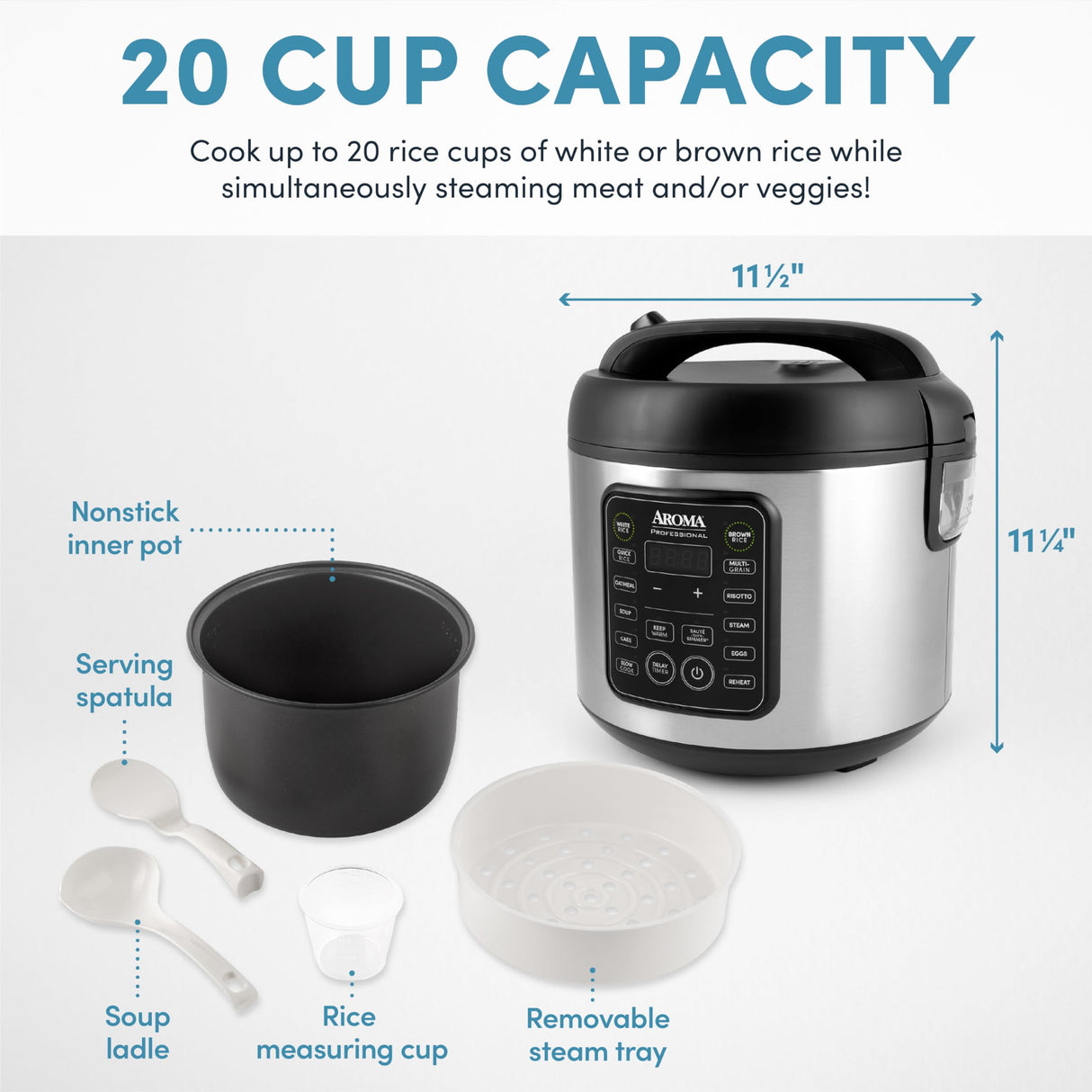 Aroma Housewares Professional Plus ARC-5000SB 20 Cup (Cooked) Digital Rice Cooker, Food Steamer, Slow Cooker, Stainless Exterior/Nonstick Pot, Silver, Black, 10-cup uncooked/20-cup cooked/4QT AROMA