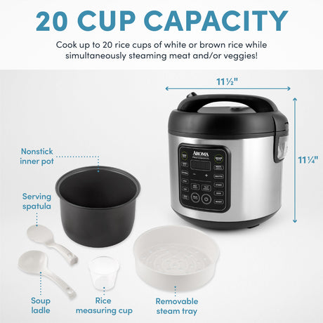 Aroma Housewares Professional Plus ARC-5000SB 20 Cup (Cooked) Digital Rice Cooker, Food Steamer, Slow Cooker, Stainless Exterior/Nonstick Pot, Silver, Black, 10-cup uncooked/20-cup cooked/4QT AROMA
