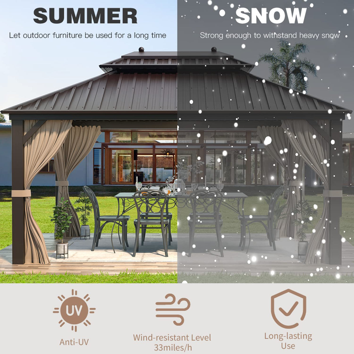 EROMMY 10'x13' Hardtop Gazebo, Galvanized Steel Outdoor Aluminum Canopy with Netting and Shaded Curtains, Double Roof Pergolas, Permanent Metal Pavilion for Patio, Backyard, Deck and Lawns, Brown EROMMY