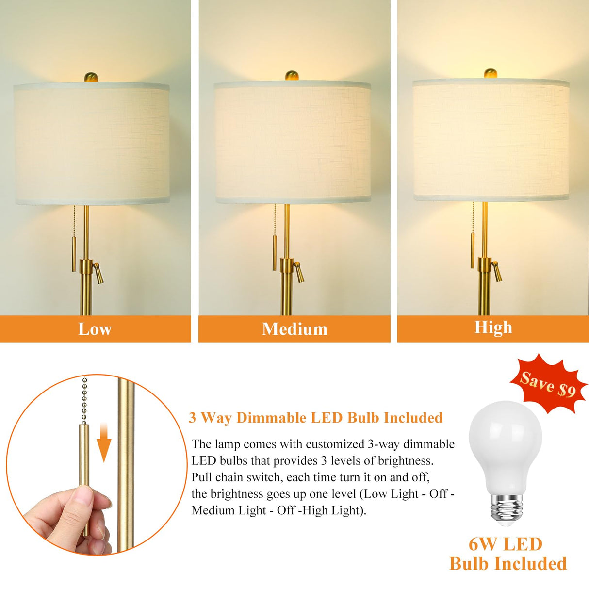 Modern Floor Lamp for Living Room, Adjustable Height Standing Lamp with Marble Base, 3-Way Dimmable Gold Brass Tall Pole Light with White Linen Shade for Reading, Bedroom, Chain Switch, Bulb Included Qingmiao