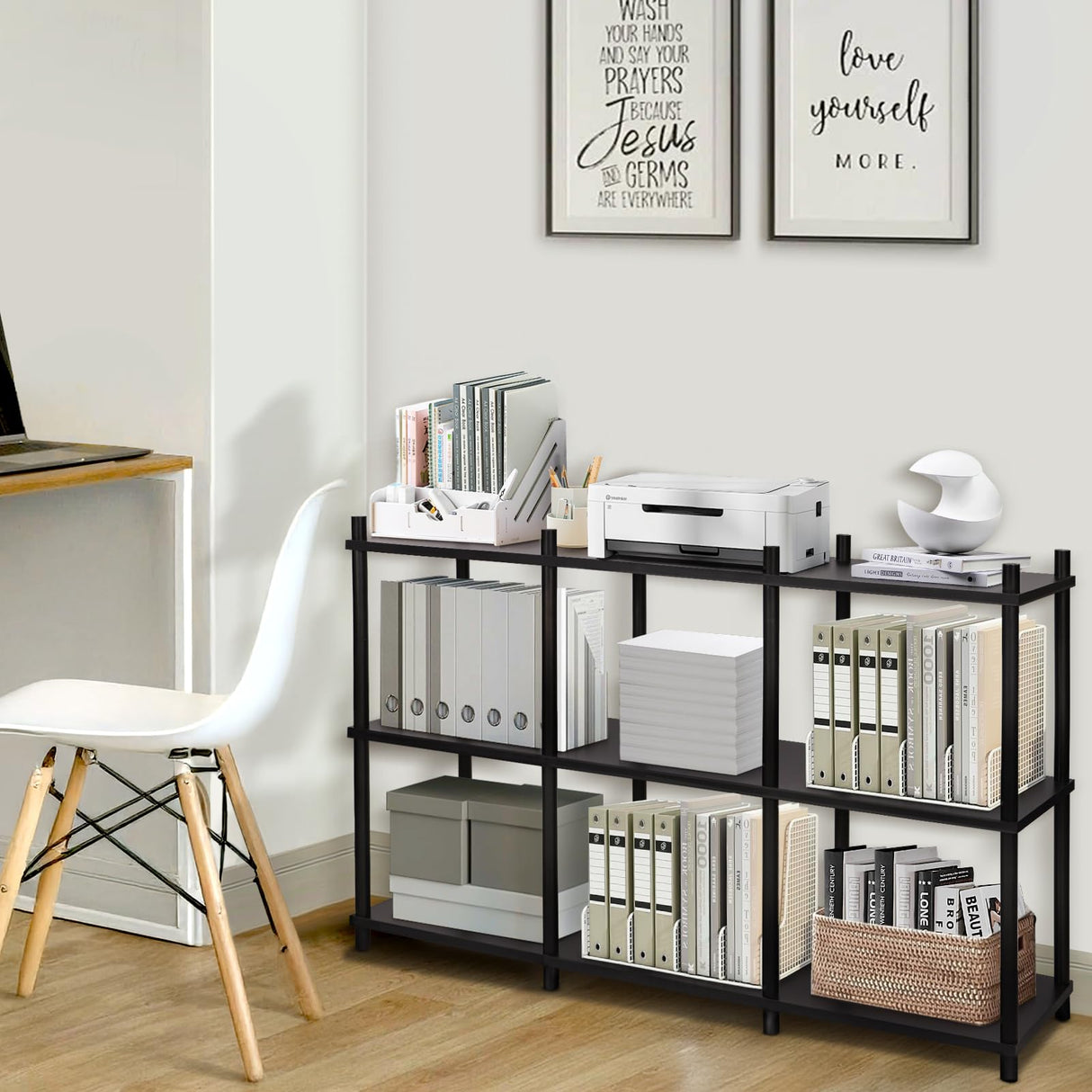 YGYQZ Short Book Shelf - 3 Tier Open Back Long Horizontal Wood Bookcase, 6 Cube Storage Shelf for Office Living Room Bedroom, Modern Black YGYQZ