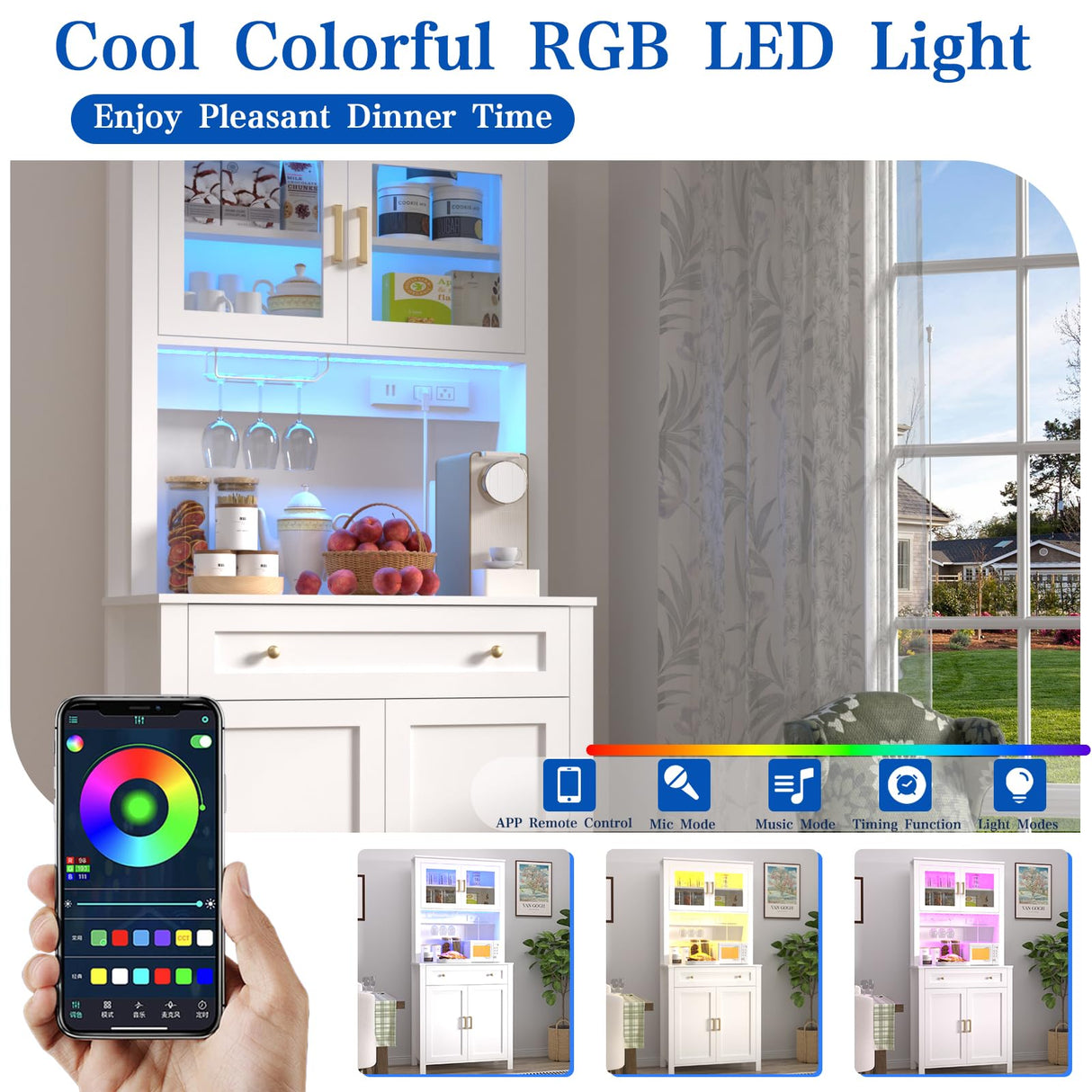 Yeyawomy 72" Tall Kitchen Pantry Cabinet with LED Light and Power Outlets, Farmhouse Large Storage Cabinet, Microwave Stand with Storage, Adjustable Cabinet Shelf, Kitchen Pantry White Modern Style Yeyawomy