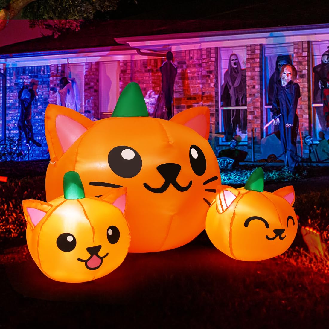 COMIN Halloween Inflatable 5FT Long Three Pumpkin Cat Head Combo with Built-in LEDs, Blow Up Yard Decoration for Holiday Party Indoor, Outdoor, Yard, Garden, Lawn COMIN