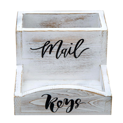 MyGift Shabby Whitewashed Solid Wood Mail Holder and Key Organizer Entryway Storage Tray with Cursive Mail and Keys Word Design, Office Desktop Organizing Bin