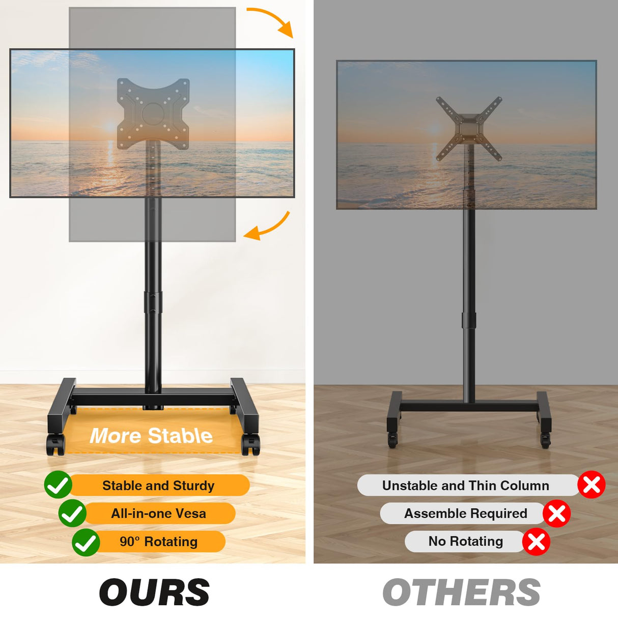 5Rcom Rolling TV Stand, Mobile TV Cart for 13-50 Inch Flat Curved TV with Tilting and Rotating, Portrait to Landscape, Height Adjustable Portable TV Stand with Wheels for Home/Office/Outdoor/Mall 5Rcom