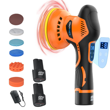 Protmex Cordless Buffer Polisher with 2 Alternative Batteries, 8 Variable Speed 2800-5500RPM Car Buffers and Polishers kit With 11 Attachments, 5IN Cordless Polisher For Car Detailing/Polishing/Waxing Protmex