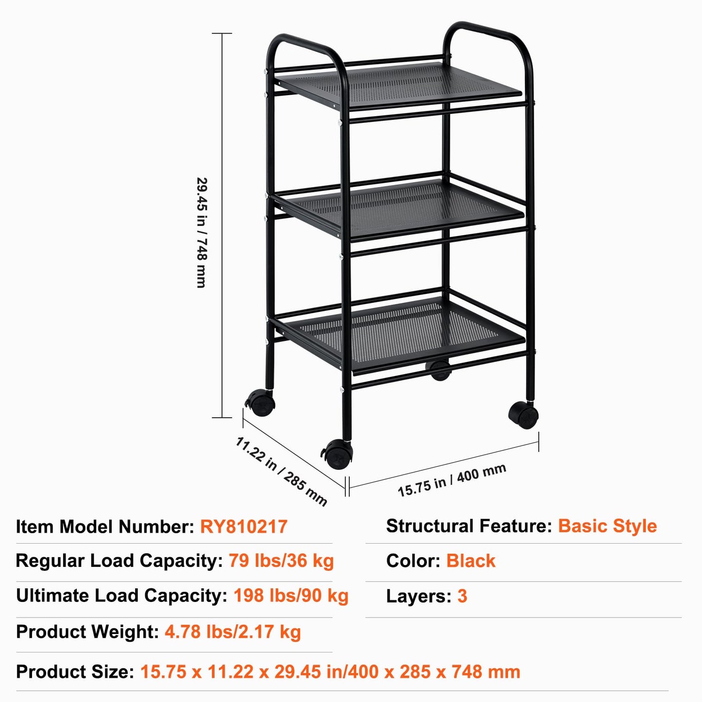 VEVOR 3-Tier Metal Rolling Cart, Heavy Duty Utility Cart with Lockable Wheels, Multi-Functional Storage Trolley with Handle for Office, Living Room, Kitchen, Movable Storage Organizer Shelves, Black