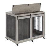IchbinGo Large Dog Crate Furniture, 47" Wooden Dog Kennel with Sliding Barn Door, Flip-Top Lid & Wheels, Indoor Pet Crate Table with Detachable Divider for Small/Medium/Large Dogs (Rustic Grey) IchbinGo