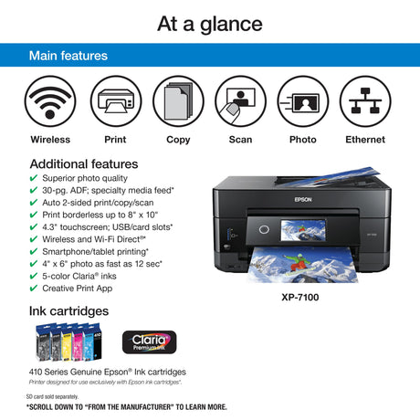 Epson Expression Premium XP-7100 Wireless Color Photo Printer with ADF, Scanner and Copier, Black, Small Epson