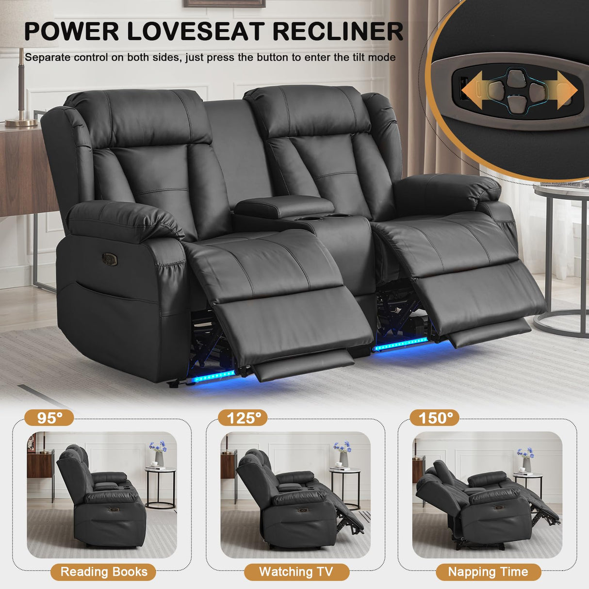 WISHDEER Power Reclining Loveseat Sofa, Loveseat Recliner Couch with Console, RV Recliners for Travel Trailers, Home Theater Seating with Cup Holders/LED/Drawer/USB/USB C (Black) WISHDEER