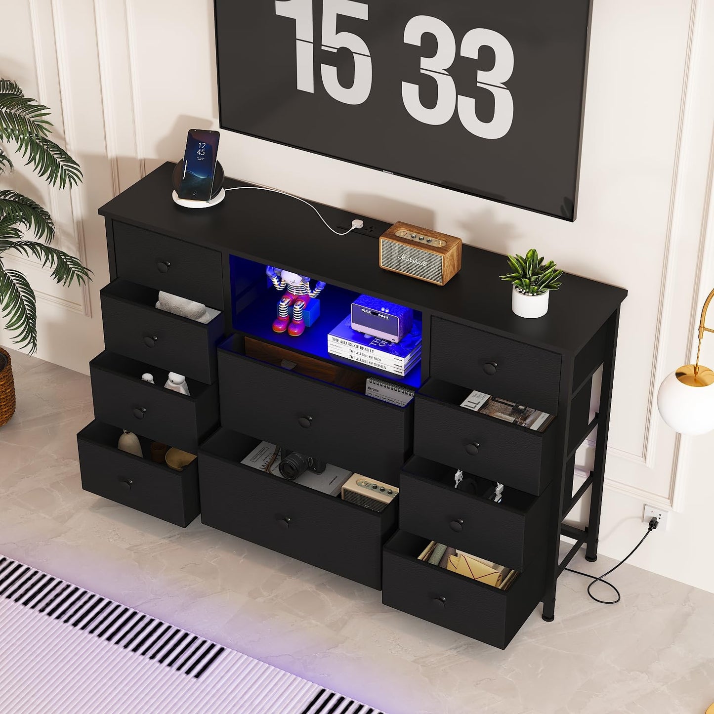 LDTTCUK Dresser with Charging Station and LED Lights, Long Dresser for Bedroom Dresser TV Stand with 10 Drawers, Fabric Chest of Drawers with PU Finish, Wide Dresser Storage Organizer, Black - WoodArtSupply