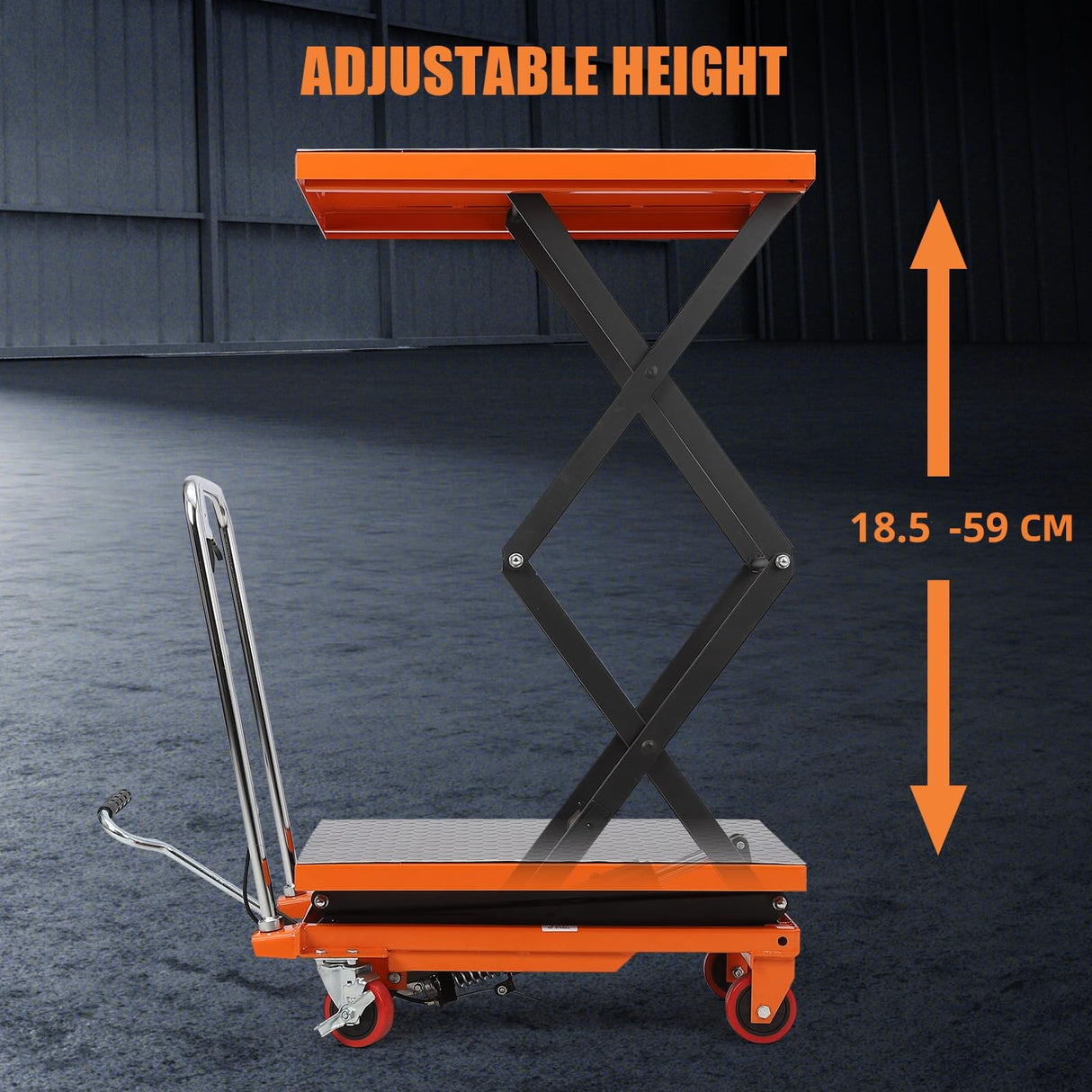 Hydraulic Lift Table Cart, 770lbs Capacity Double Scissor Table Cart with 59" Lifting Height, 4 Wheels, Non-Slip Pad, Elevating Cart for Material Handling and Transportation, Orange ExploreHorizon