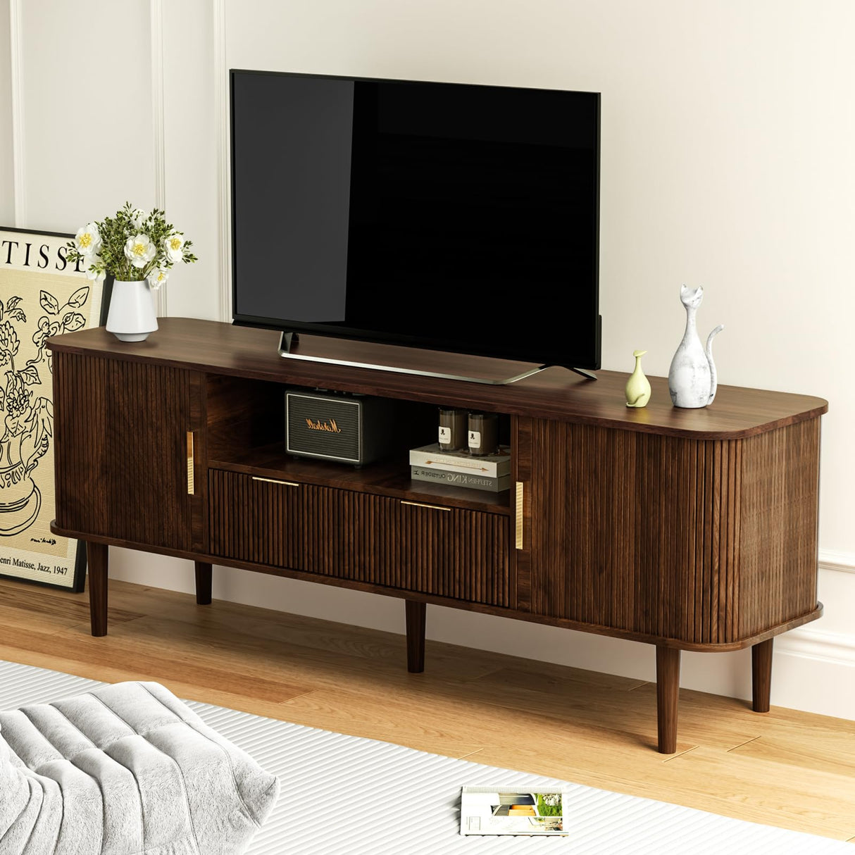 DAMCROP TV Stand 62.4 Inch Mid Century Modern Media Console Table with Drawer Shelves Sliding Tambour Door Farmhouse Sideboard Buffet Cabinet Fits TVs up to 75 inch Fluted Wood Entertainment Center DAMCROP