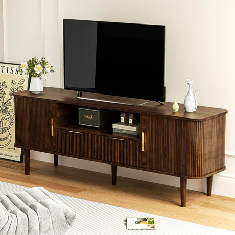 DAMCROP TV Stand 62.4 Inch Mid Century Modern Media Console Table with Drawer Shelves Sliding Tambour Door Farmhouse Sideboard Buffet Cabinet Fits TVs up to 75 inch Fluted Wood Entertainment Center DAMCROP