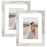 Hongkee 8x10 Picture Frame Set of 2, Made of Real Glass and Distressed White Wooden Frame - Display Picture 5x7 with Mat or 8x10 Without Mat, 8 by 10 Photo for Wall or Tabletop Hongkee