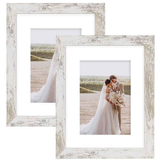 Hongkee 8x10 Picture Frame Set of 2, Made of Real Glass and Distressed White Wooden Frame - Display Picture 5x7 with Mat or 8x10 Without Mat, 8 by 10 Photo for Wall or Tabletop