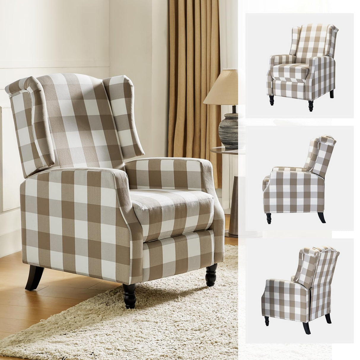 HULALA HOME Wingback Recliner Chairs Set of 2, Traditional Push Back Recliners with Solid Wood Legs, Modern Lounge Armchairs for Living Room, Comfy Upholstered Accent Reclining Chairs, Buffalo Beige HULALA HOME