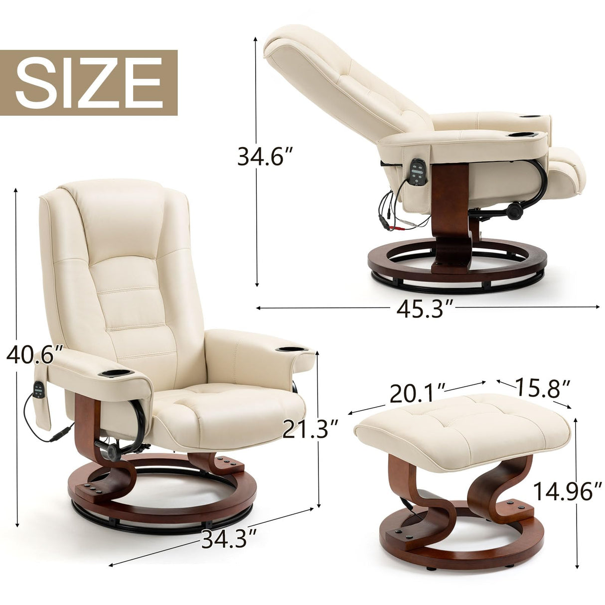 AVAWING Reclining Chair with Vibration Massage Faux Leather Recliner with Ottoman Swivel Wood Recliner Chairs for Living Room, Beige AVAWING