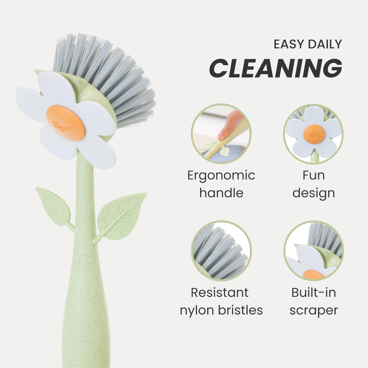Vigar Florganic Daisy-Shaped Dish Brush, a Dish Brush with Handle, and a Dish Brush with Stand for Pot Scrubber, Kitchen Dishes, and Sink Cleaning Vigar