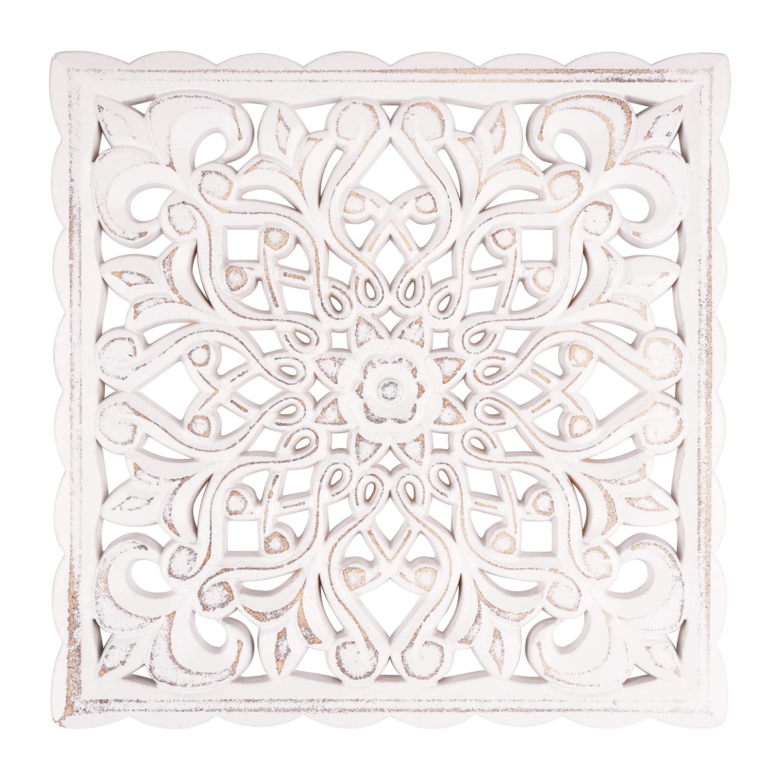 Wall Décor Art, Carved Wooden Wall Panel Hanging Decor, Decorative Carved Floral-Patterned Distressed White MDF Wall Panel for iving Room Bedroom, 12" x 12" - WoodArtSupply