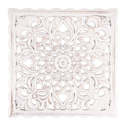 Wall Décor Art, Carved Wooden Wall Panel Hanging Decor, Decorative Carved Floral-Patterned Distressed White MDF Wall Panel for iving Room Bedroom, 12" x 12" - WoodArtSupply