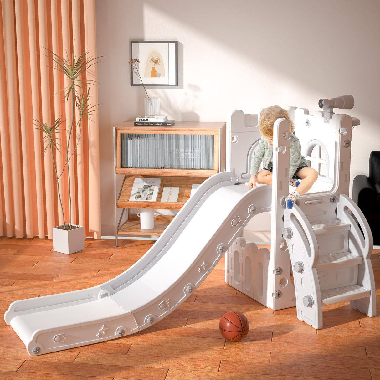 MOCUTEEN 6 in 1 Toddler Slide,Baby Playset for Indoor Outdoor Playground with Basketball Hoop,Storage and Telescope,Climbing Toys for Toddler Playground Playset MOCUTEEN