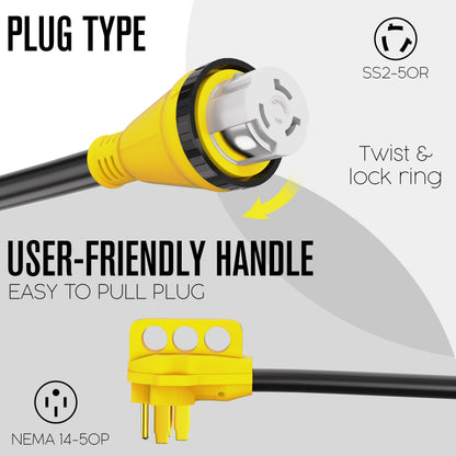 Houseables 50 Amp RV Extension Cord, Power Cords, 30 Ft Long, 1 Pack, Black, Yellow, SS2-50R Female Adaptor, 14-50P Male Plug, 50A Compatible, PVC, STW, w/Handle, for Camper, Motorhome, UL Ce - WoodArtSupply