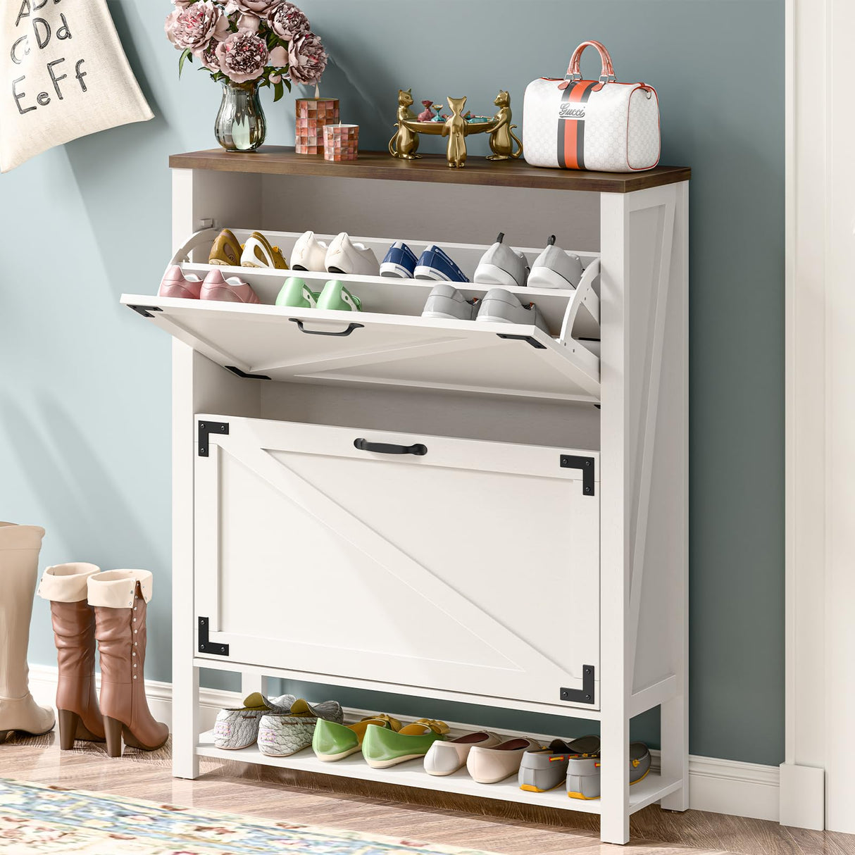 Halitaa Shoe Cabinet with 2 Flip Drawers, 5 Tier Farmhouse Shoe Storage Cabinet for Entryway, Narrow Slim Shoe Cabinet, Rustic White Freestanding Hidden Wooden Shoe Rack Cabinets Halitaa