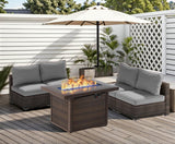 TANGJEAMER 5 Piece Patio Furniture Set with Fire Pit Table, Outdoor Sectional Sofa PE Rattan, Patio Conversation Sets with Cushions for Garden Lawn Balcony Porch Deck Grey TANGJEAMER