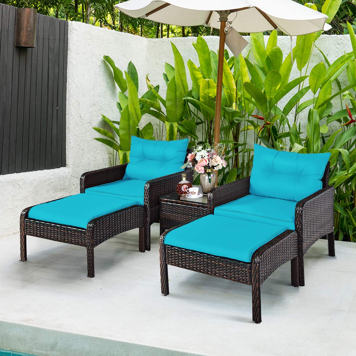 Tangkula Wicker Furniture Set 5 Pieces PE Wicker Rattan Outdoor All Weather Cushioned Sofas and Ottoman Set Lawn Pool Balcony Conversation Set Chat Set (Turquoise) Tangkula
