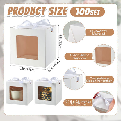 Yeaqee 100 Set5.1x5.1x5.1 White Gift Boxes, Mug Gift Box with Window for Presents, Small Bridesmaid Box for Gifts, Wedding, Crafting, Recyclable, Easy Assemble Cardboard Boxes