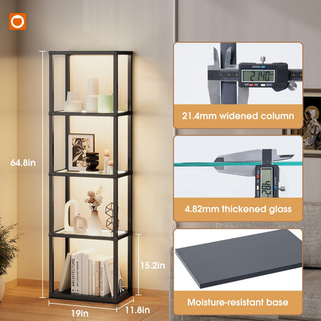 addlon Tall Display Shelf, Dimmable LED Lighted Shelves, Display Cabinet with Remote, Glass Curio Cabinet Bookcase with 3 Color Temperatures, Floor Lamp with Shelves for Living Room Decor addlon