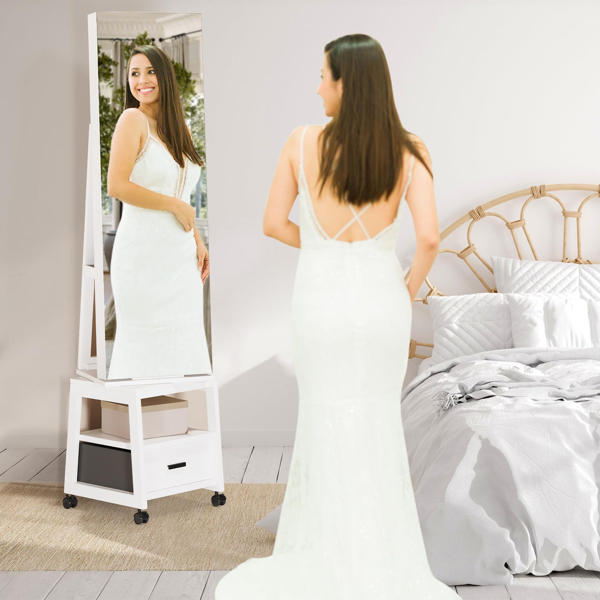 Alkmaar 360° Swivel Jewelry Armoire, Floor Standing Locking with Full Length Mirror,Bottom Drawer, Shelf, Wheels,White Cabinet with Large Storage Capacity (White push-pull) Alkmaar