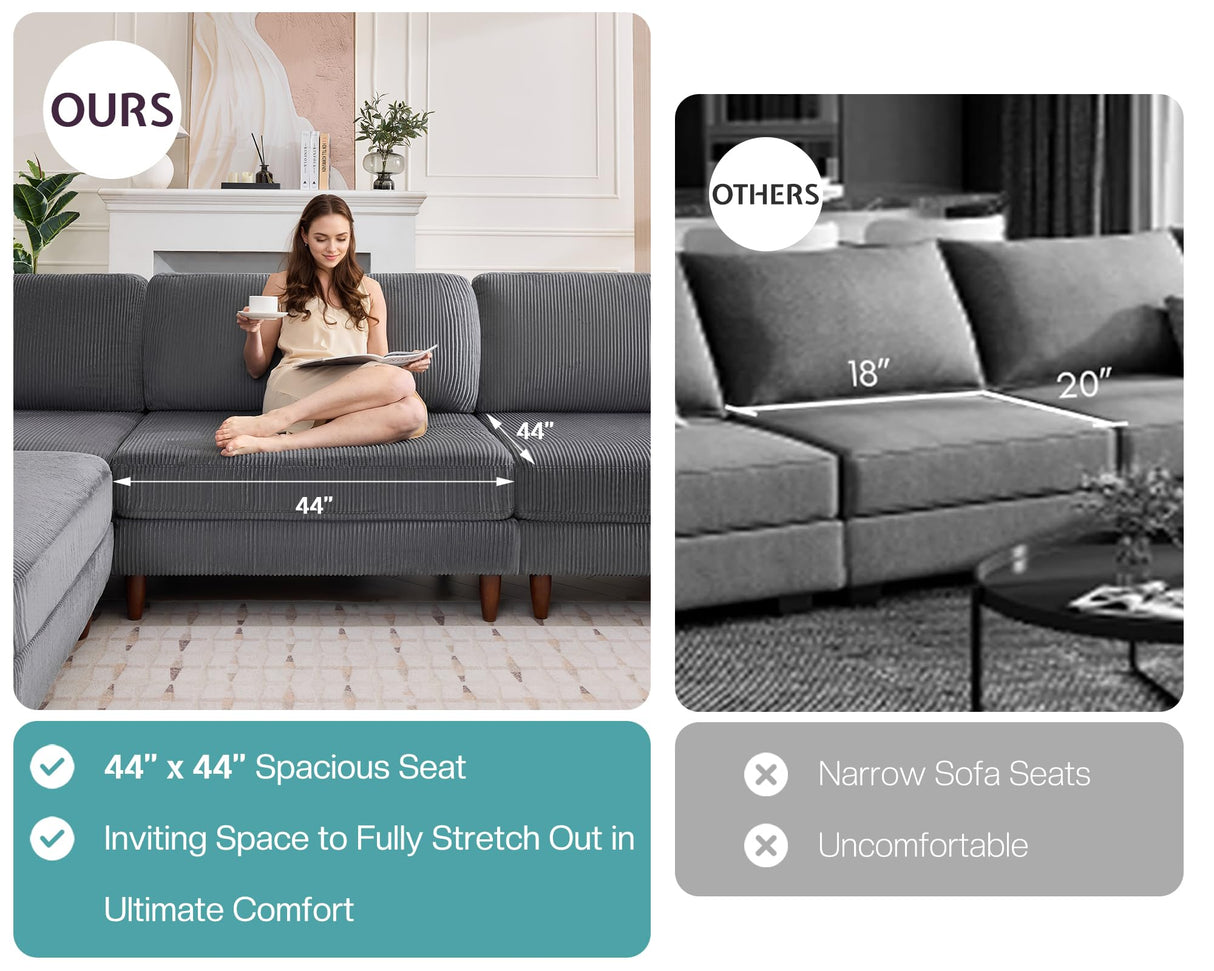 Jocisland Modular Sectional Sofa, 44" Deep Seat Modular Sofa, Oversized 6-Seater Sectional Couch for Plus-Size & Big Families, Grey Corduroy Living Room Couch, Easy Assembly Jocisland