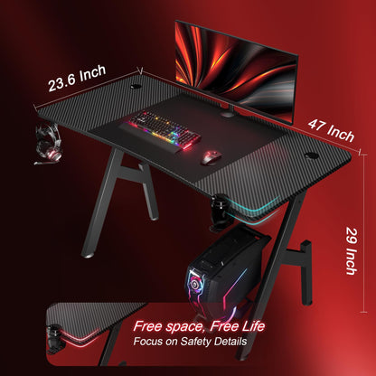 HLDIRECT 47 Inch Gaming Desk with Carbon Fibre Surface, Large Computer Desk Gaming Table, Ergonomic Pc Gaming Workstation Home Office Desks with Cup Holder & Headphone Hook