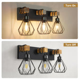 IZORRO Farmhouse Bathroom Vanity Light Fixtures, 3-Light Wood Bathroom Lighting Fixtures Over Mirror, Black Rustic Industrial Sconces Wall Lights with Metal Lampshade for Living Room, Bedroom IZORRO