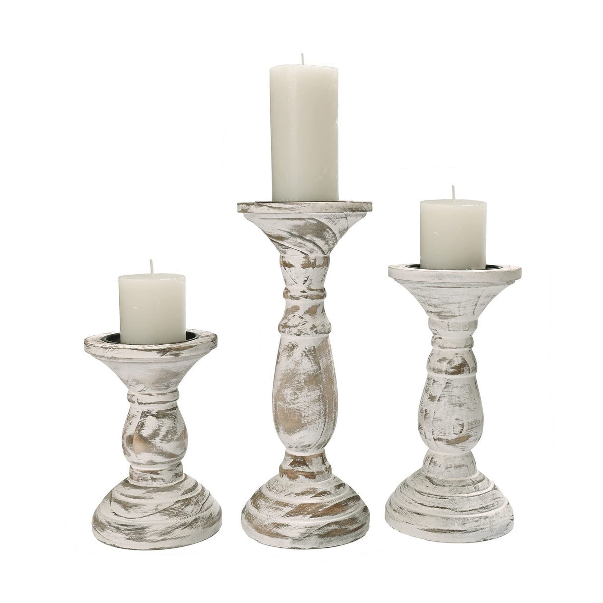 Yorkmills Pillar Candle Holder Set of 3, Farmhouse Decor Living Room Tall Candle Holders for Pillar Candles, Wood Candle Holders for Table Centerpieces White Home Decor Kitchen Dining Room Table Decor Yorkmills