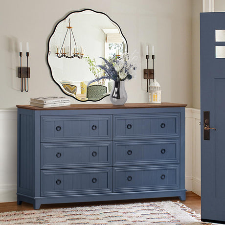 Joaxswe Farmhouse 6 Drawers Dresser for Bedroom, 58 Inch Wide Wood Dresser Chest of Drawers, Vintage Design TV Stand, Rustic Storage Dressers Organizer for Bedroom, Living Room, Hallway - Blue Joaxswe