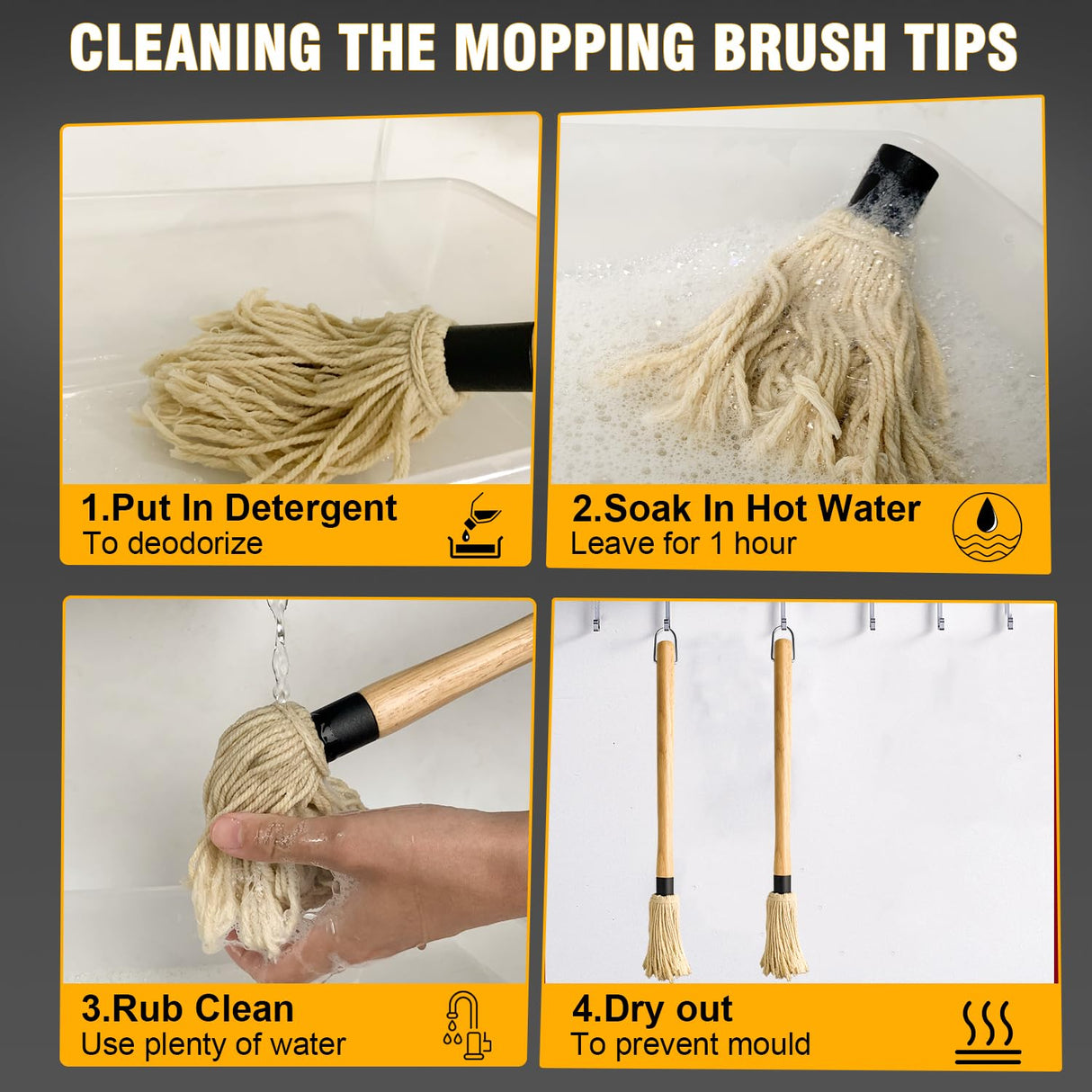 Walfos BBQ Mop Brushes for Sauce, Grilling Basting Mop Wooden Long Handle with 3 Heads, for Grilling, Barbecue, Smoking Steak (18") Walfos