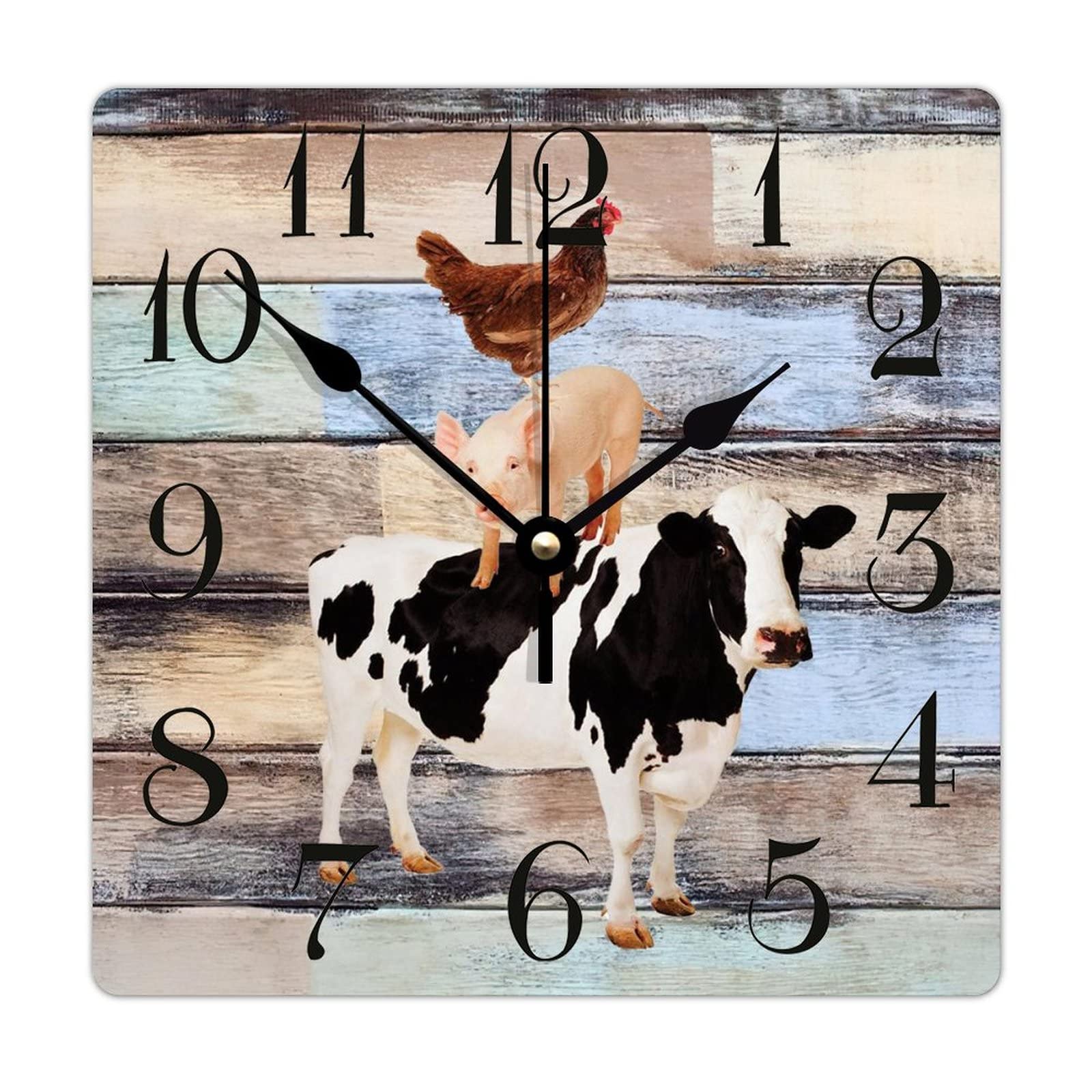 Wooden Wall Clock Farm Animal Cow Pig and Chicken 10 Inch Old Fashioned Square Wooden Wall Clock Digital Accurate Wood Clock for Bedroom Kitchen Wall Decor Home Decor - WoodArtSupply