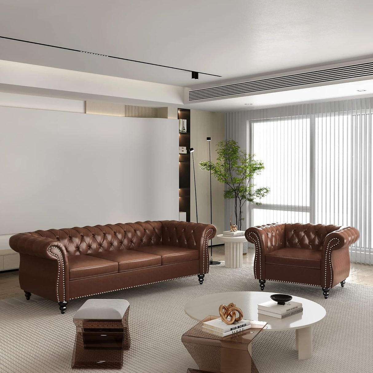 RUSTYER Chesterfield 3 Seater Sofa, Modern Leather Tufted Couch 3 Seater with Rolled Arms and Nailhead Mid-Century Upholstered Couch for Living Room, Bedroom, Apartment and Office, Brown RUSTYER