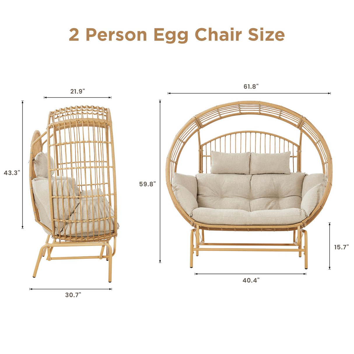Buenhomino Oversized 2-Person Egg Chair Glider Rocking Chair, Heavy-Duty Wicker Rattan Outdoor Loveseat w/Thicken Padded Cushions, Extra Large Lounge Chair for Porch Backyard Patio Garden Yellow Buenhomino