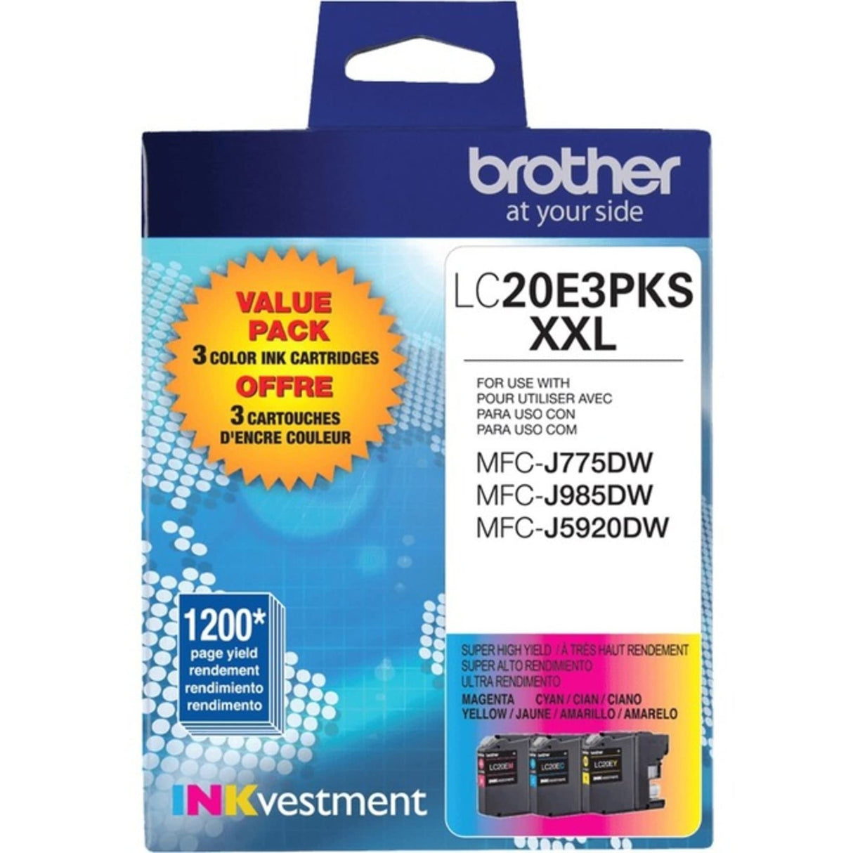 Brother Genuine High Yield Color Ink Cartridge, 3 Pack of LC20E, Replacement Color Ink Three Pack, Includes 1 Cartridge Each of Cyan, Magenta & Yellow, Page Yield Up to 1200 Pages/Cartridge, LC20E Brother